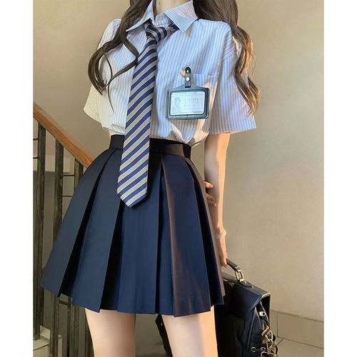 学院风JK制服套装条纹短袖衬衫女