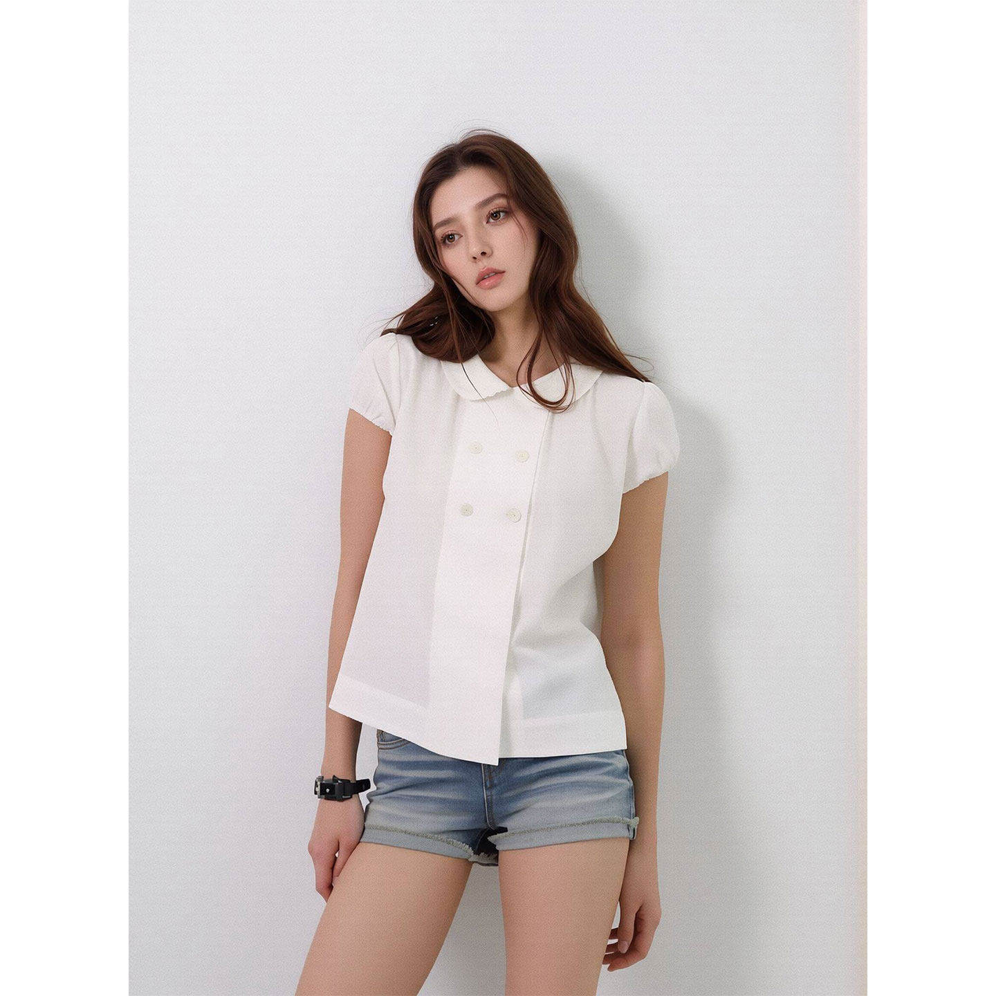 新款纯棉娃娃衫圆领夏季休闲短袖白色衬衫少女感贝壳双排纽扣上衣
