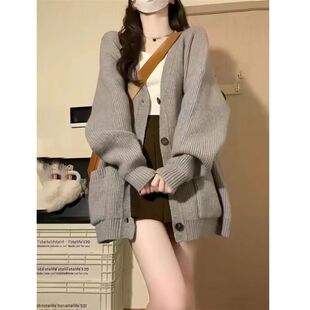 灰色毛衣女春秋2026新款洋气宽松加厚针织开衫外套ins上衣外穿潮