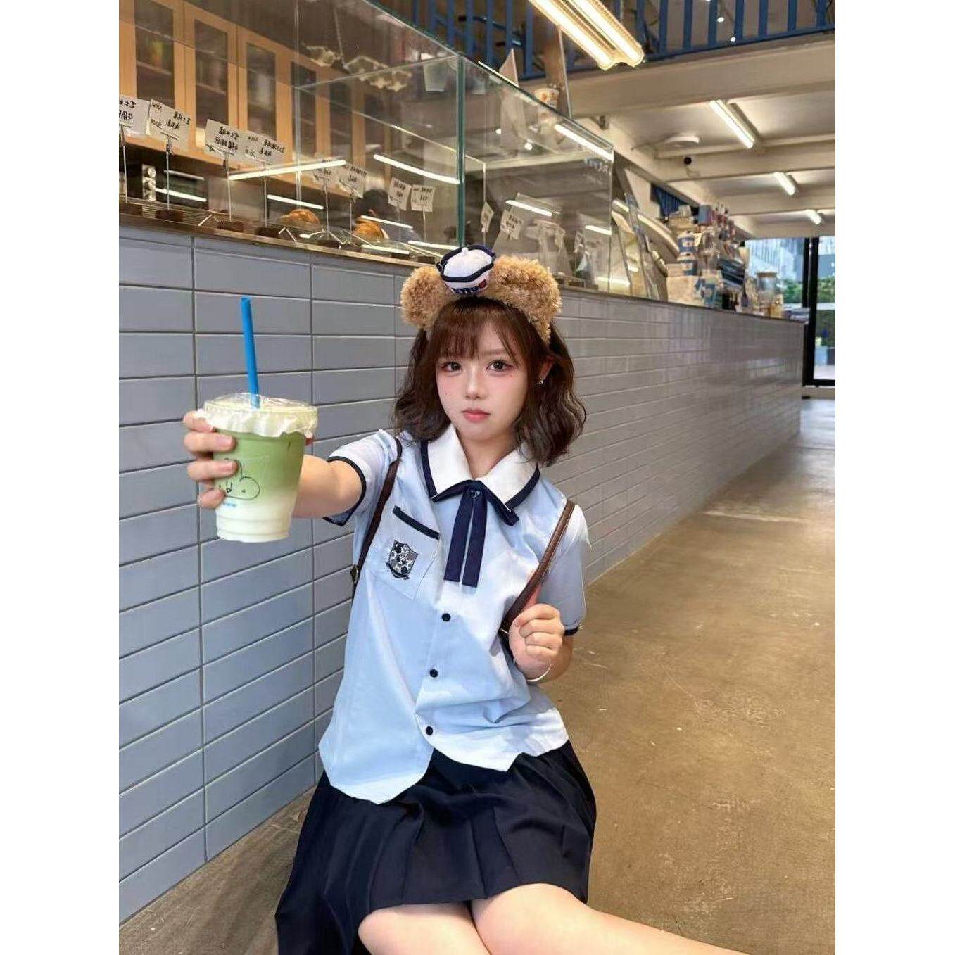 杏奈学院风蓝色短袖衬衫校服夏季jk制服高中生班服毕业季短裙套装