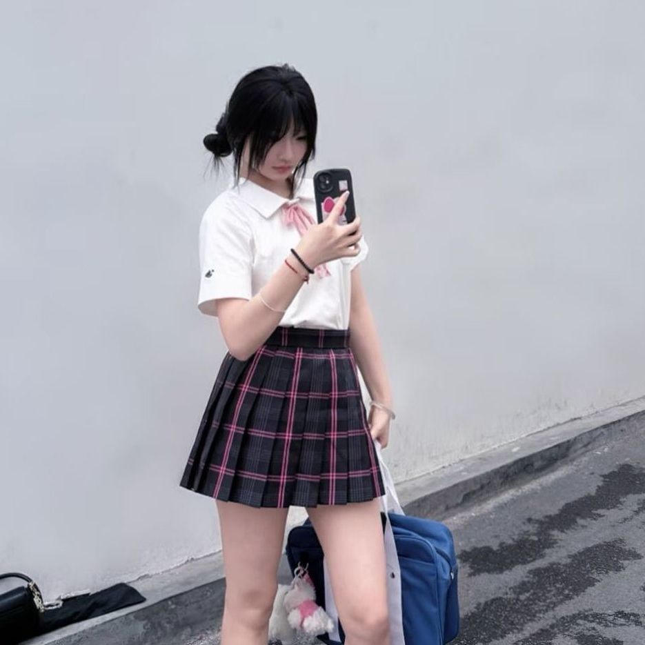 夏季新款简约刺绣polo衫套装短袖学院风德兰西百褶裙原创JK制服