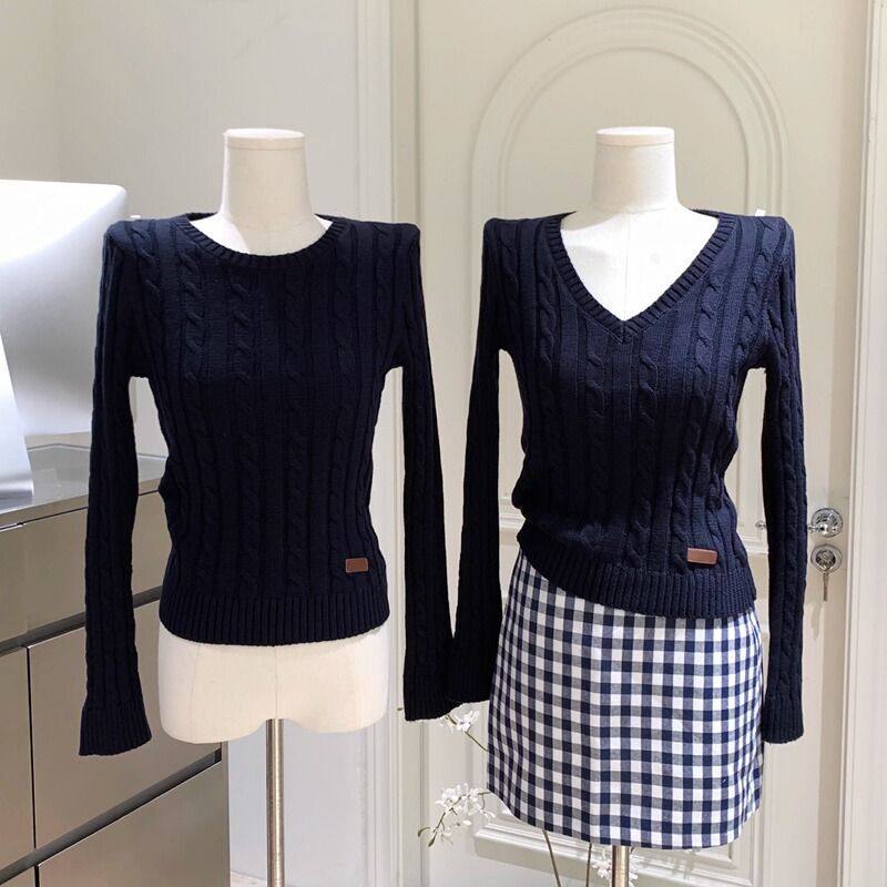 韩系气质长袖套头麻花针织毛衣女秋冬学院风JK制服修身打底衫上衣