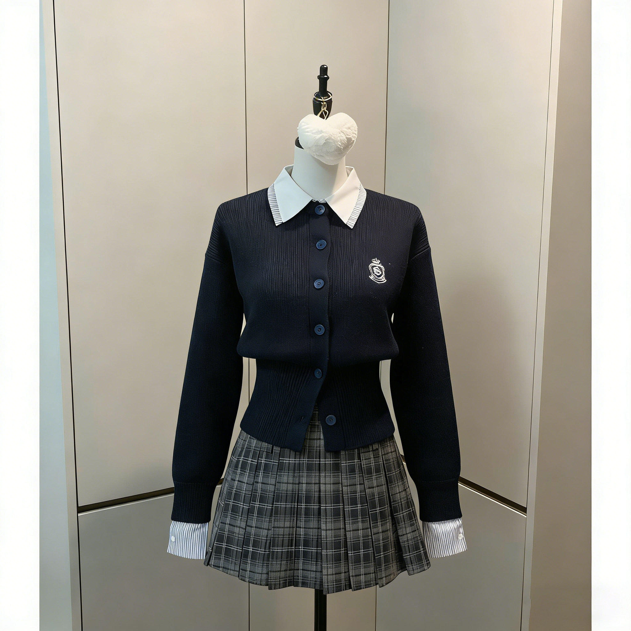 jk制服套装针织衫学院风春秋冬小个子蓝色毛衣女假两件衬衫领上衣