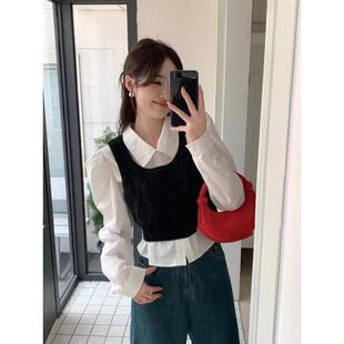 长袖衬衫两件套装ins上衣女多巴胺韩版秋季复古针织背心马甲短款