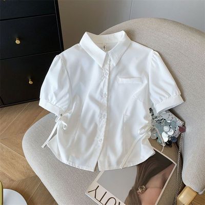 白色系带收腰短款衬衫女装夏季别致学院风衬衣设计感小众短袖上衣