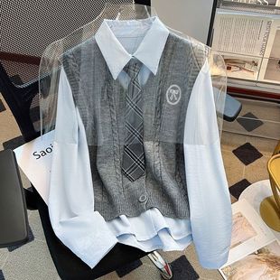 韩版学院风jk制服套装针织衫秋冬季马甲毛衣女长袖衬衫背心两件套