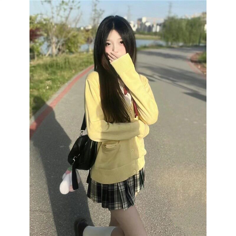 甜妹学院风JK制服套装毛衣开衫外套女春秋季小鸡黄色长袖针织上衣