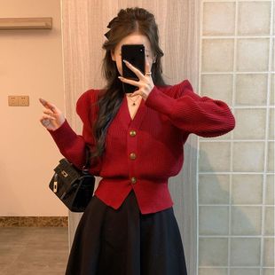 法式新年红色开衫针织毛衣女春秋冬短款小香风收腰本命年外套上衣