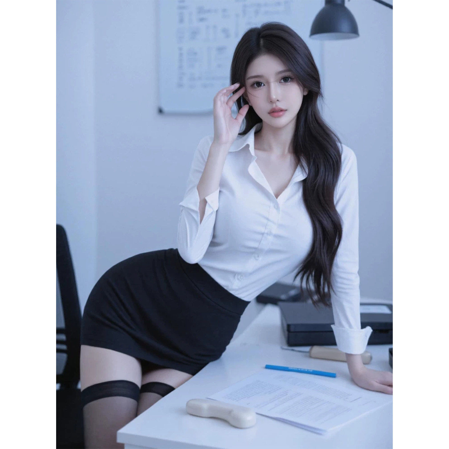 御姐风纯欲性感收腰白色长袖衬衫女职业工作服修身OL包臀裙两件套