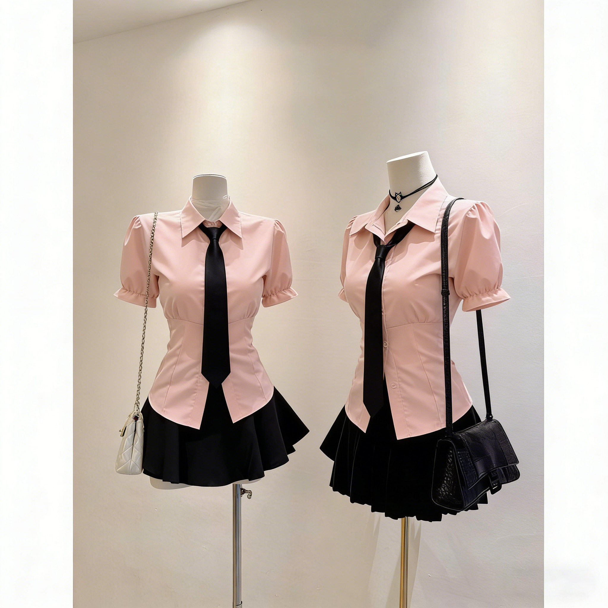 jk制服套装学院风粉色短袖收腰衬衫女夏季半身裙工作服上衣两件套