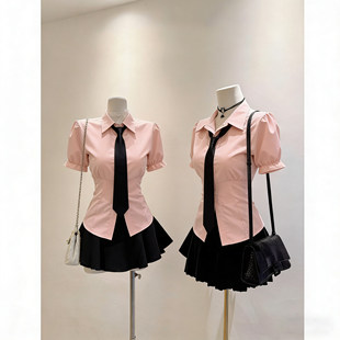 jk制服套装学院风粉色短袖收腰衬衫女夏季半身裙工作服上衣两件套