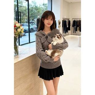 秋冬古早vintage兔耳一字肩毛衣学院风设计感收腰套头针织衫 上衣