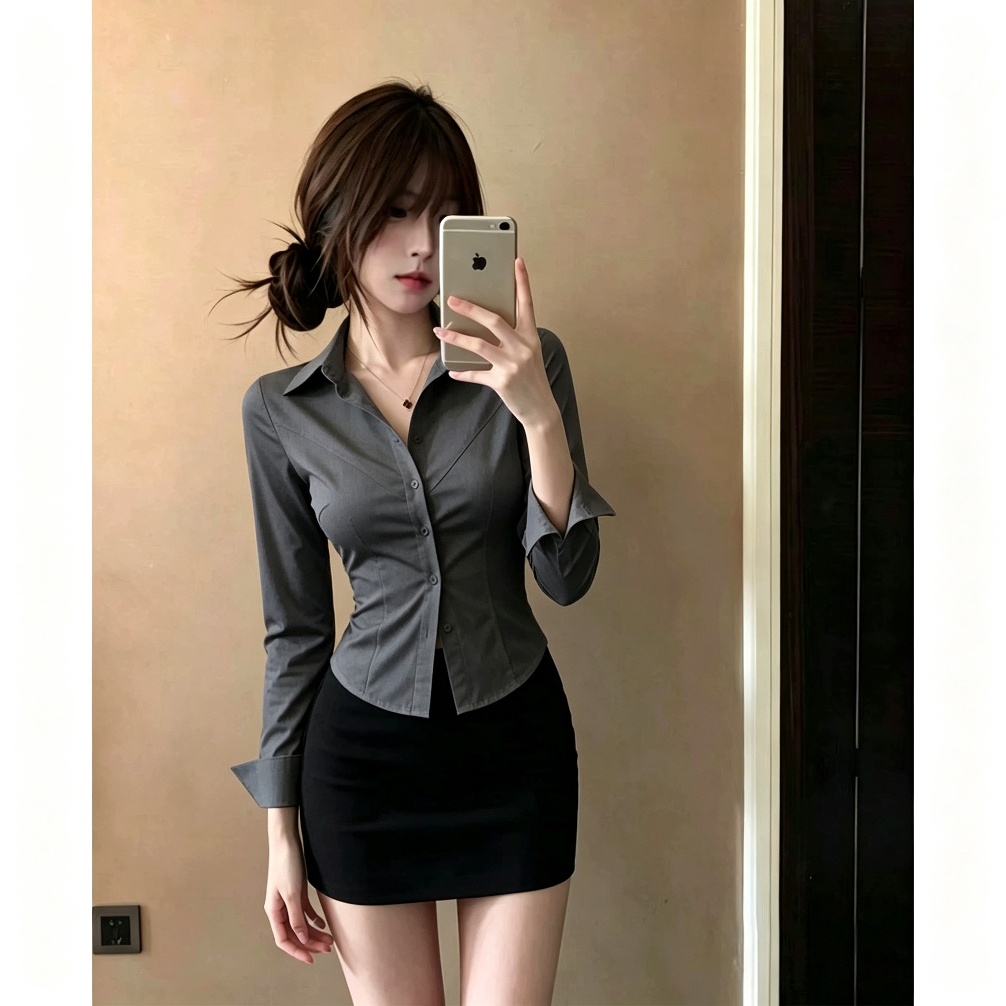纯欲风收腰灰色长袖衬衫女春秋季气质通勤职业包臀裙工作制服套装