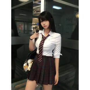 刺绣上衣红格半身裙女装 jk制服套装 修身 衬衫 春秋学院风 小栀川长袖