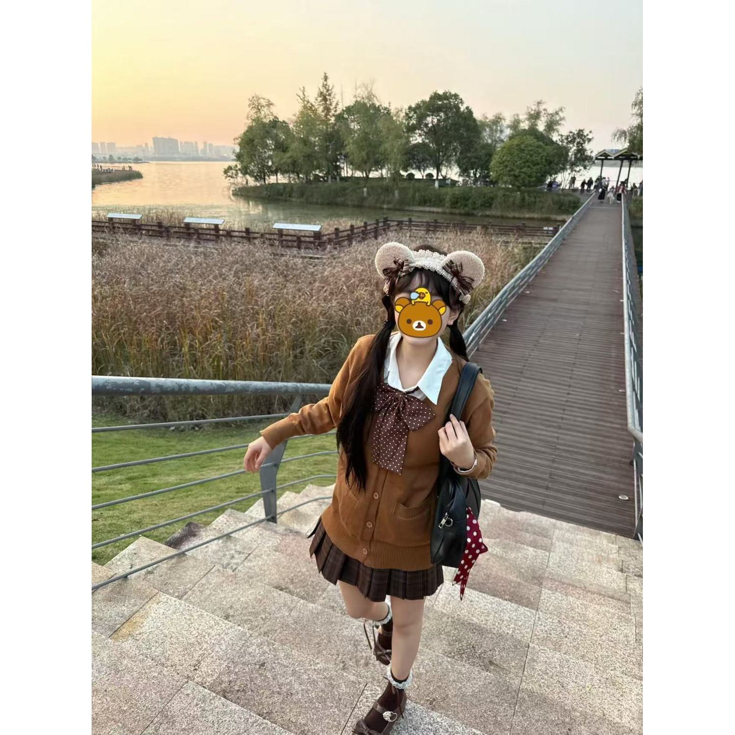 针织开衫长袖毛衣外套上衣女格裙