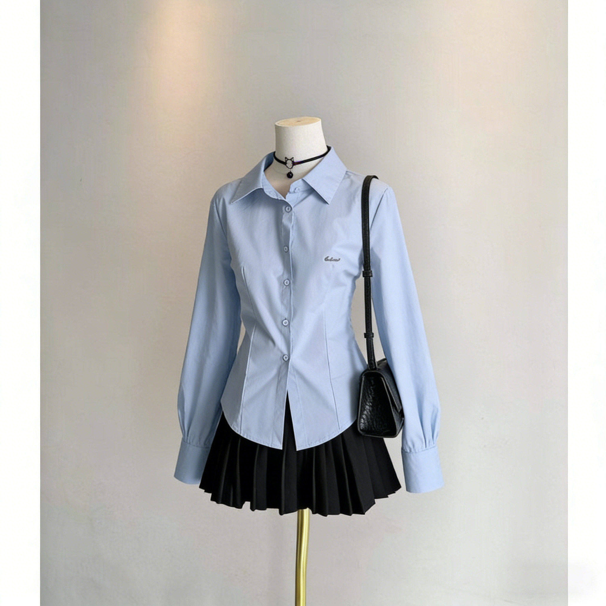 蓝色衬衫长袖女收腰学院风气质衬衣通勤jk制服套装百褶裙春夏穿搭