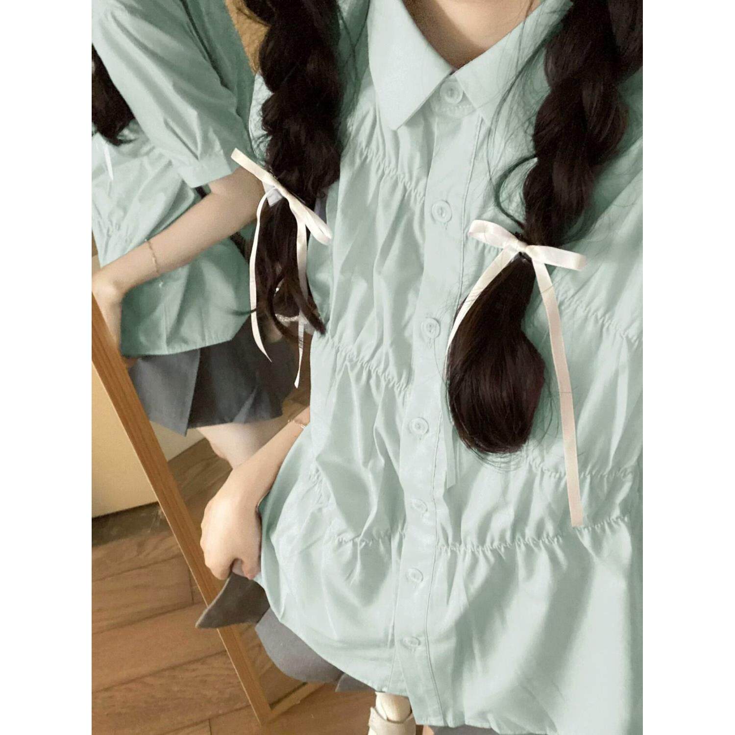 薄荷绿法式甜美短袖衬衫上衣学院风夏季2026年新款显瘦百搭衬衣女