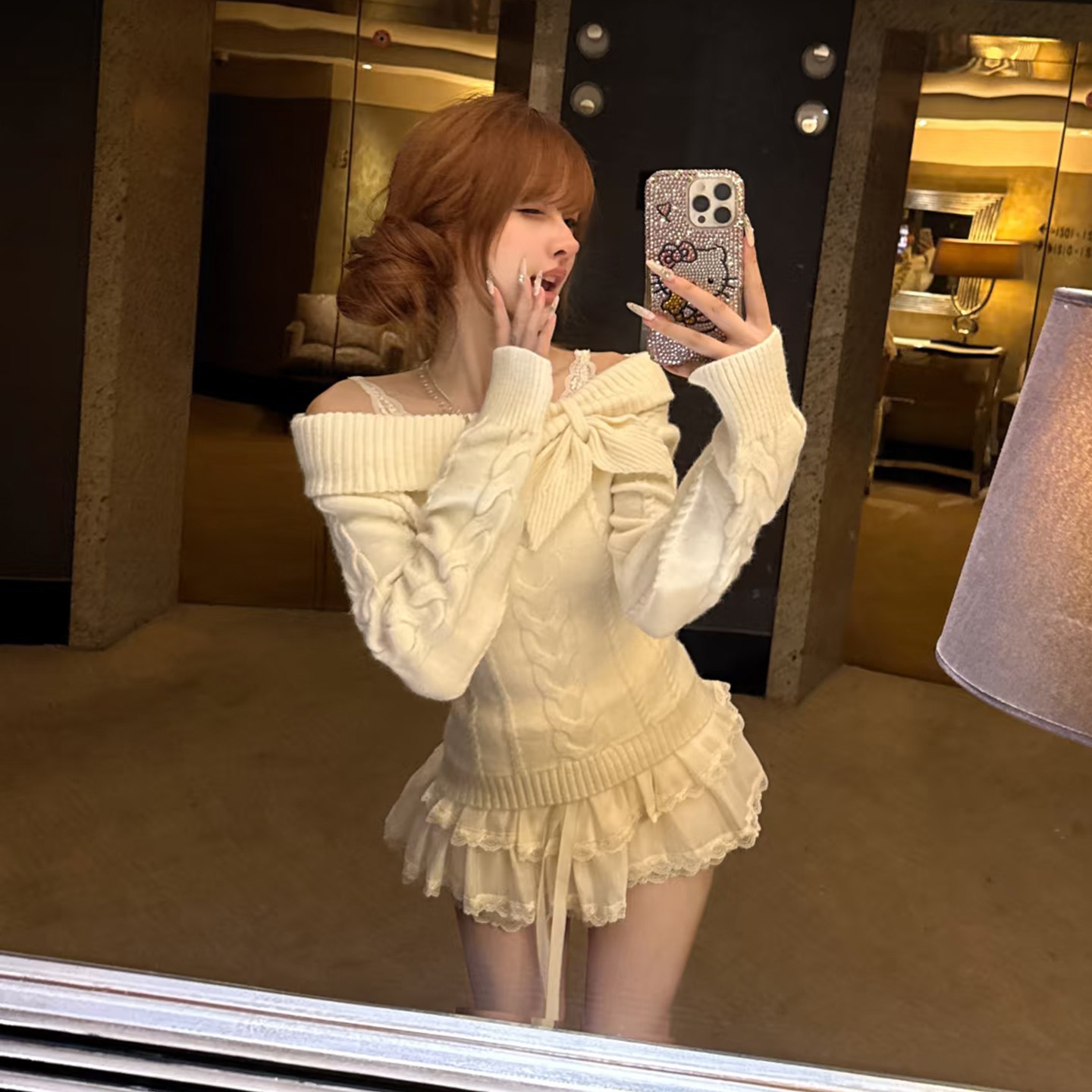 韩版甜美奈奈风兔耳结一字肩麻花针织衫秋冬收腰显瘦软糯套头毛衣