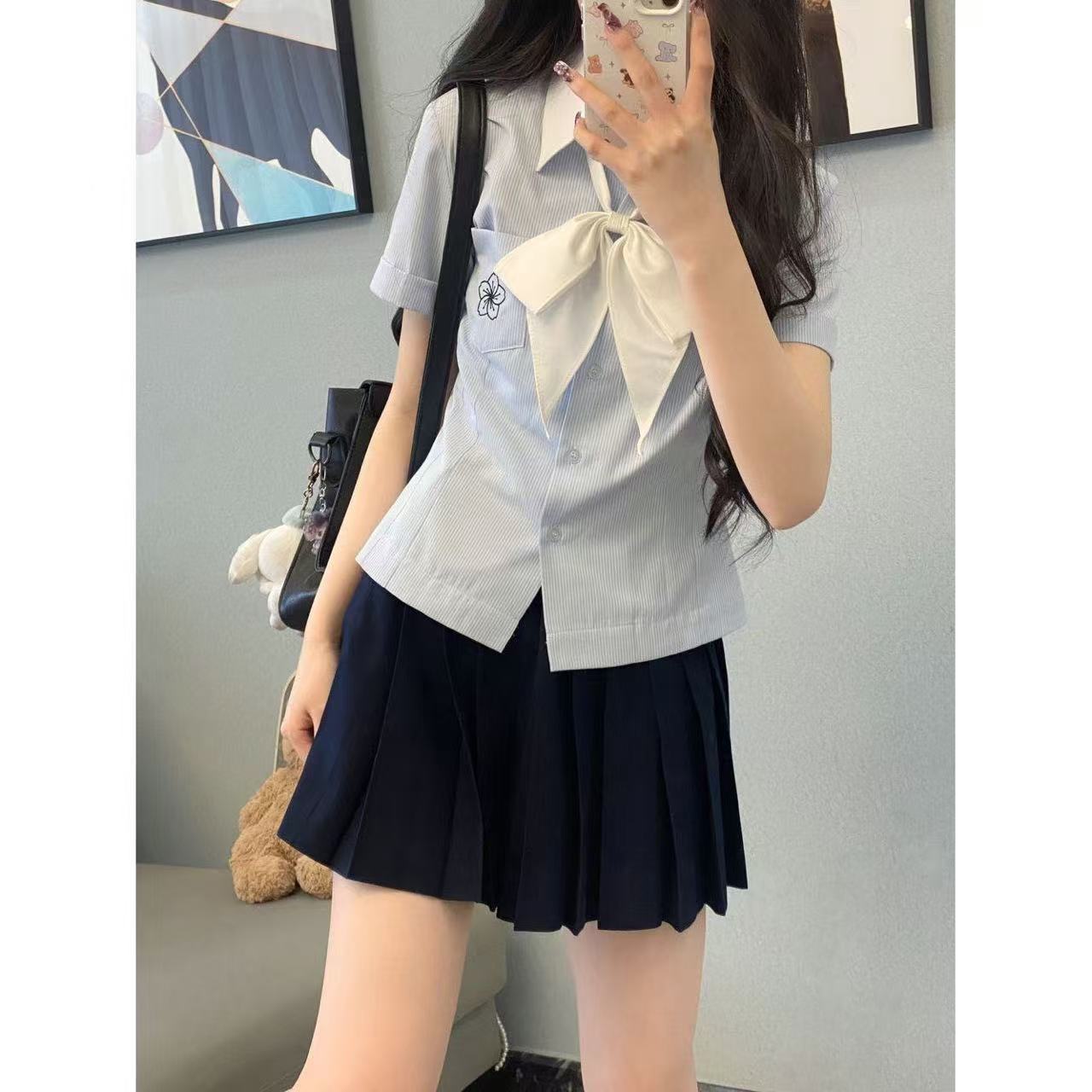 原创jk收腰条纹衬衫刺绣短袖制服日系学院校供衬衣