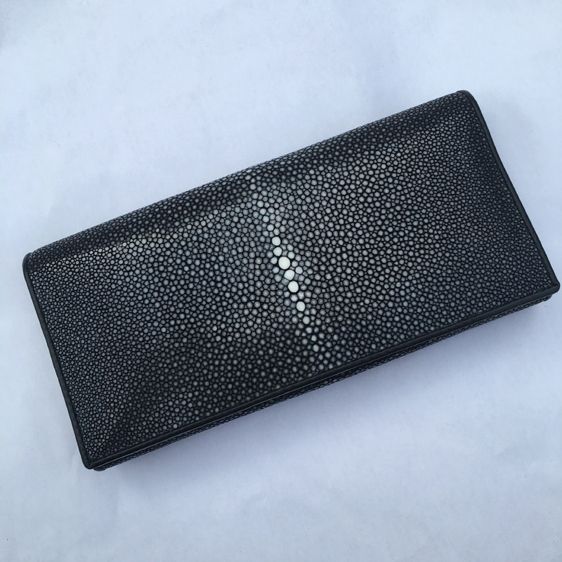 全磨珠长款男女士珍珠鱼皮钱包 正品高档厚款真皮夹 超值黑色