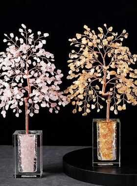 天然水晶碎石发财树家居电视柜酒柜水晶树装饰品黄水晶招财树摆件