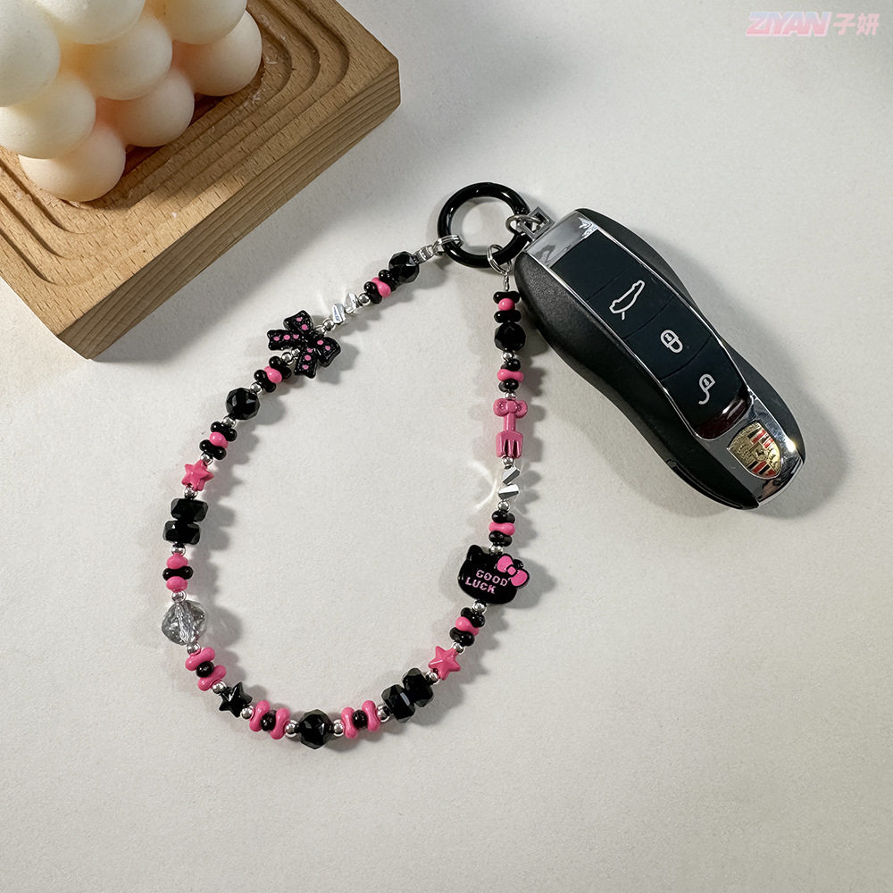 卡通KT猫合金手机链亚克力黑粉甜酷彩色花生珠包包挂饰钥匙扣挂件