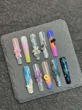 「夏威夷」度假风海岛夕阳渐变ins风长短款穿戴甲原创手工甲片