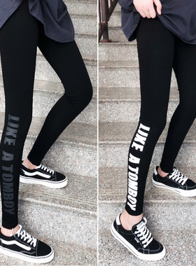 纯棉打底裤女外穿春秋薄款显瘦字母九分小脚黑色弹力紧身长裤子潮