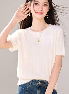 秋冬新款针织衫女短袖韩版纯色圆领套头短款毛茸茸小款毛衣女