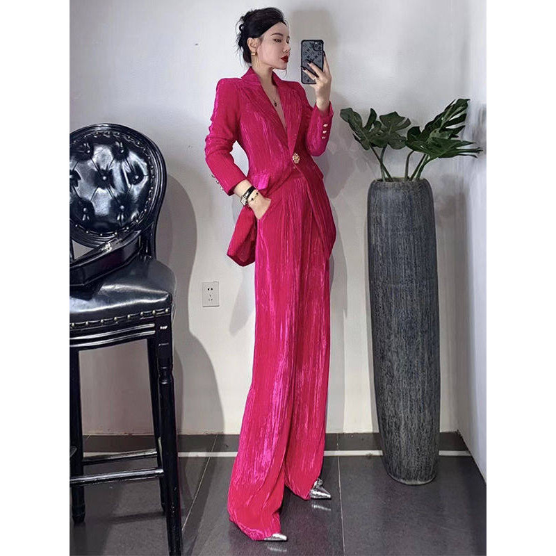 2026春秋冬高级感新款洋气玫红色轻奢名媛西服套装裤子两件套女