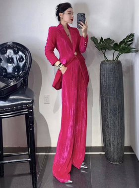 2026春秋冬高级感新款洋气玫红色轻奢名媛西服套装裤子两件套女