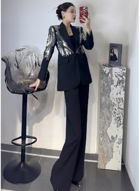 2025欧货高定女装春季时尚御姐气质重工亮片西装长裤职业两件套女