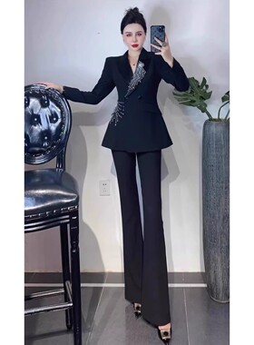 高端职业装女总裁气质重工钉钻收腰西装微喇裤两件套装