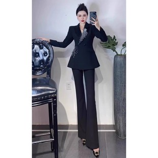 两件套装 微喇裤 女总裁气质重工钉钻收腰西装 高端职业装