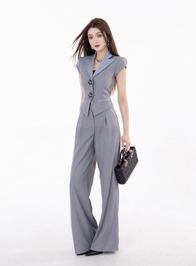 3012时尚套装女2025夏季新款设计感立体花扣马甲长裤休闲两件套女
