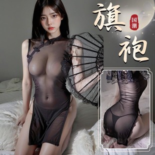 纯欲性感镂空显胸网纱透视拼接复古旗袍裙趣家居服睡衣连衣裙潮