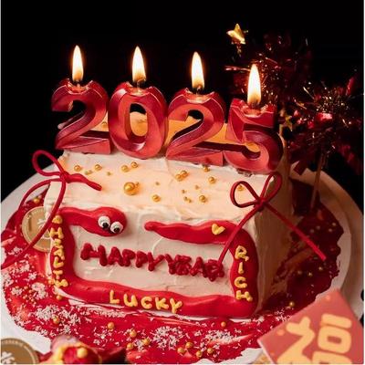 2025蛇年新年除夕夜蛋糕装饰2025红色数字蜡烛插件红金雨丝插件