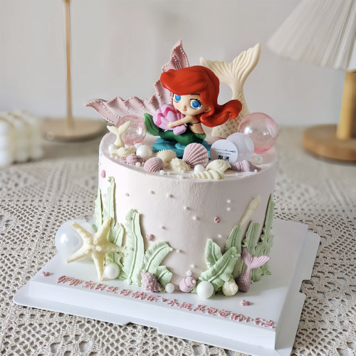 网红烘焙夏季清新生日蛋糕装饰摆件美人鱼粉蓝水母流苏围边插件