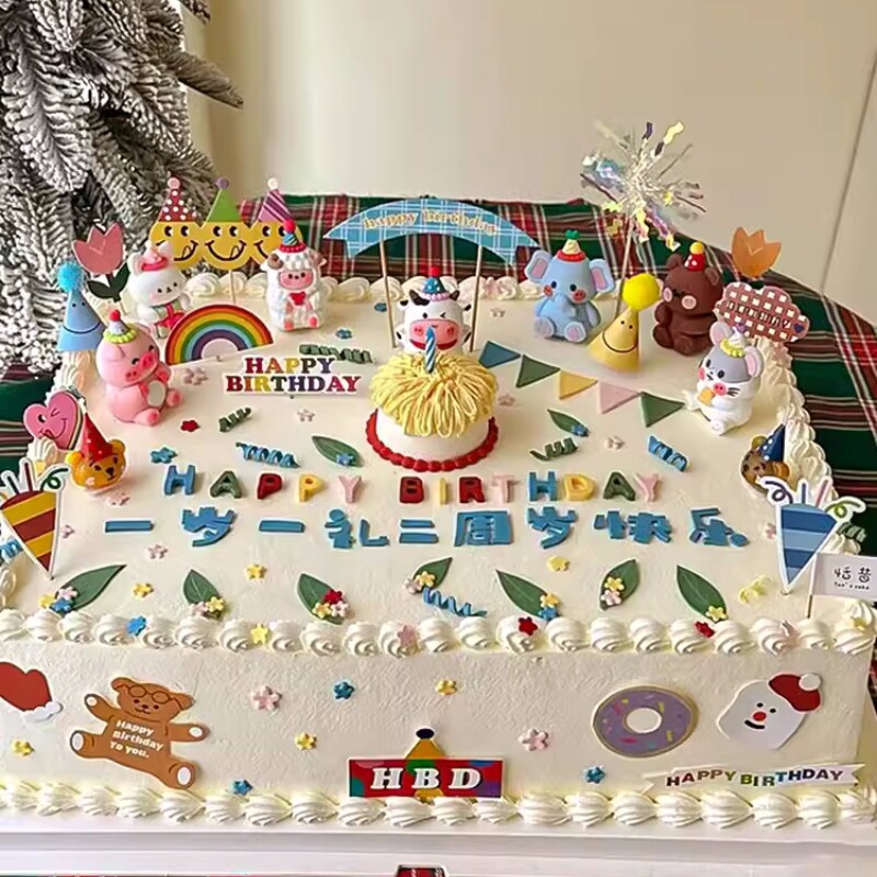 卡通长方形宝宝周岁宴蛋糕装饰可爱动物园小动物儿童生日手绘甜品
