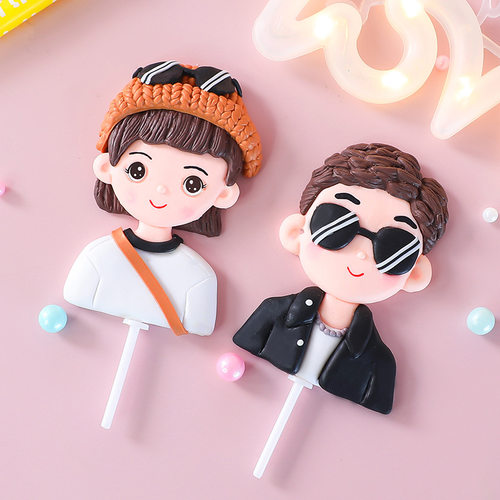 七夕情人节潮酷情侣软陶插件短发女孩墨镜男孩蛋糕装饰