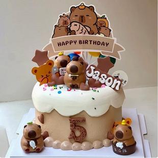 网红卡皮巴拉蛋糕装 饰摆件卡通河豚鼠摸鱼洗澡小黄鸭甜品烘焙插牌