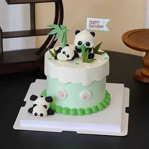 网红国宝大熊猫蛋糕装饰摆件竹子装扮宝宝儿童生日快乐插旗插件