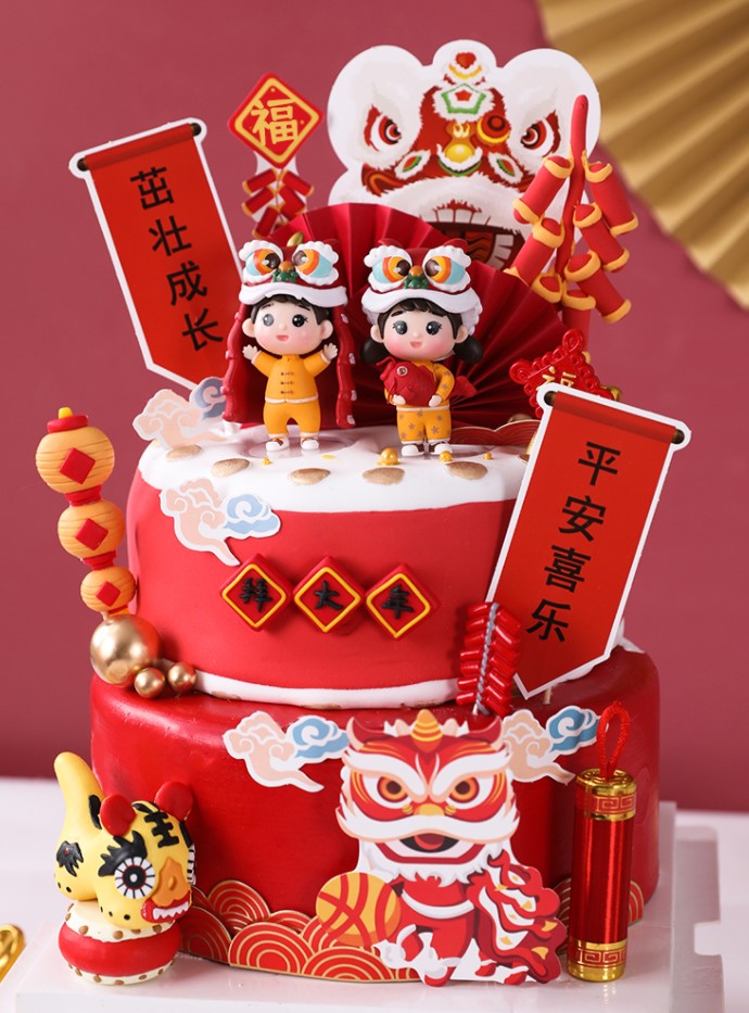 中国式宝宝宴蛋糕摆件喜庆舞狮