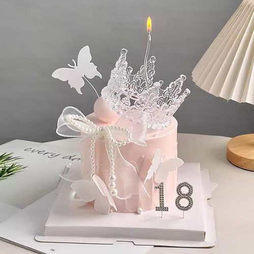 网红仙女18岁蛋糕装饰水晶皇冠摆件珍珠蝴蝶结生日插件烘焙装扮