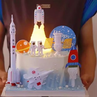 宇航员蛋糕装饰摆件发光火箭宝宝周岁星球插件航天飞机太空人摆件