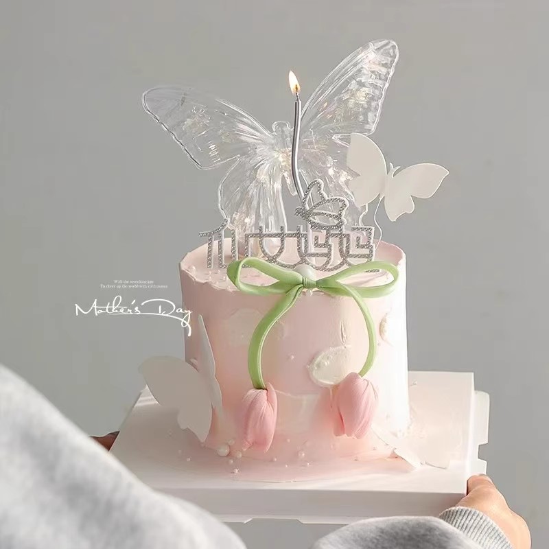2025母亲节蛋糕装饰插件仙女妈妈网红发光蝴蝶灯郁金香花苞配件