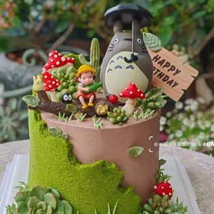 网红森林春天漫画风打伞猫咪树枝蘑菇女孩卡通儿童动漫蛋糕装饰