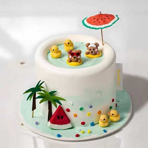 夏天西瓜太阳伞日光浴海洋泳池蛋糕装饰摆件鸭子椰树甜品烘焙插件