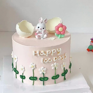 百天周岁蛋糕装 饰可爱树脂小兔子摆件破壳蜡烛女孩生日蛋糕插件