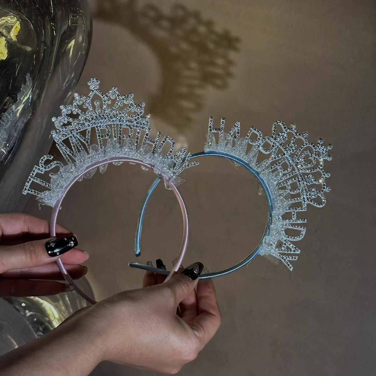 抱抱酱原创版权钻石珍珠皇冠粉色蓝色女神生日发箍毛毡头箍生日帽